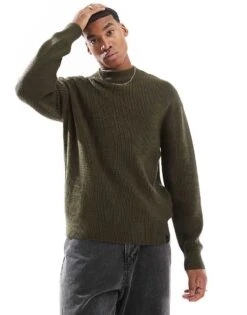 Pull&Bear Fisherman Knit Jumper In Khaki For Men Green