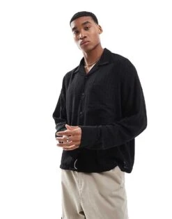 Pull&Bear Textured Long Sleeve Shirt In Black For Men