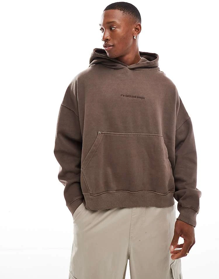 Pull&Bear It's Faith Printed Hoodie In Washed Brown For Men 3 Pull&Bear It's Faith Printed Hoodie In Washed Brown For Men