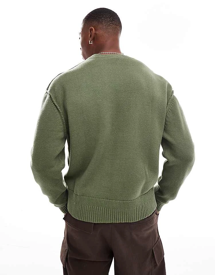 Pull&Bear Knitted Exposed Seam Jumper In Khaki For Men Green 4 Pull&Bear Knitted Exposed Seam Jumper In Khaki For Men Green - Image 2