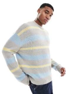 Pull&Bear Fluffy Stripe Knitted Jumper In Grey For Men -Pull&Bear Sales 207559893 1 grey 1