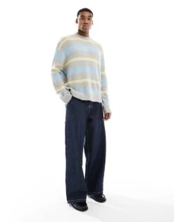 Pull&Bear Fluffy Stripe Knitted Jumper In Grey For Men -Pull&Bear Sales 207559893 4