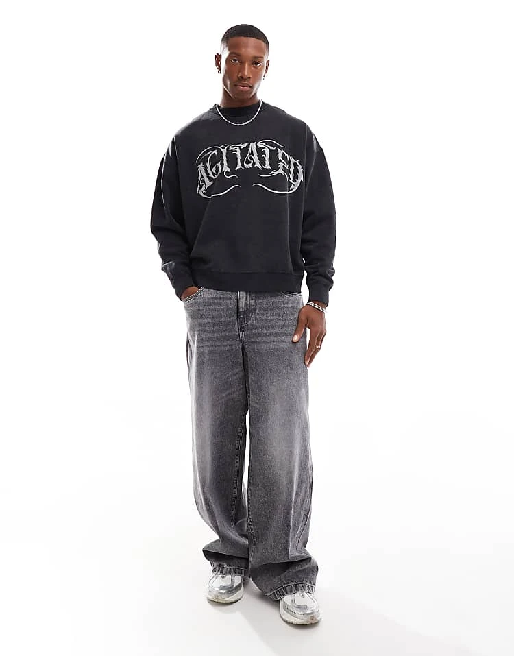 Pull&Bear Gothic Printed Sweatshirt In Washed Charcoal For Men Grey 6 Pull&Bear Gothic Printed Sweatshirt In Washed Charcoal For Men Grey - Image 4