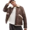 Pull&Bear Faux Leather Shearling Lined Jacket In Brown For Men