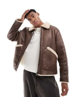 Pull&Bear Faux Leather Shearling Lined Jacket In Brown For Men