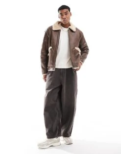 Pull&Bear Faux Leather Shearling Lined Jacket In Brown For Men -Pull&Bear Sales 207559950 4