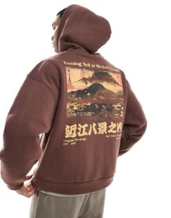 Pull&Bear Mountain Back Printed Hoodie In Brown For Men