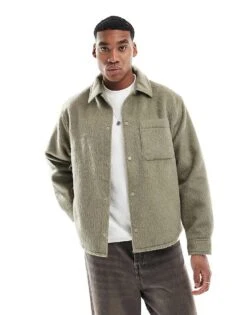 Pull&Bear Textured Shacket In Light Green For Men
