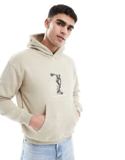 Pull&Bear Front Graphic Printed Hoodie In Stone For Men Neutral -Pull&Bear Sales 207631082 3