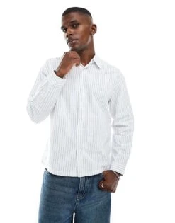 Pull&Bear Long Sleeve Striped Shirt In White For Men