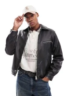 Pull&Bear Faux Leather Washed Jacket In Black For Men -Pull&Bear Sales 207631100 1 black 1