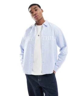 Pull&Bear Long Sleeve Striped Shirt In Blue For Men