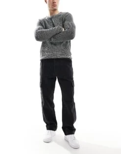 Pull&Bear Straight Fit Contrast Stitch Cargo Jeans In Black For Men -Pull&Bear Sales 207631173 1 black 1