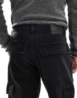 Pull&Bear Straight Fit Contrast Stitch Cargo Jeans In Black For Men -Pull&Bear Sales 207631173 4