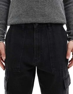 Pull&Bear Straight Fit Contrast Stitch Cargo Jeans In Black For Men -Pull&Bear Sales 207631173 5