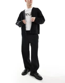 Pull&Bear Texture Plisse Tailored Trouser In Black For Men