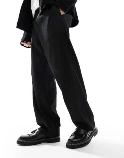 Pull&Bear Texture Plisse Tailored Trouser In Black For Men -Pull&Bear Sales 207871951 4