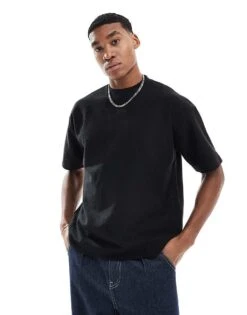 Pull&Bear Ribbed Boxy T-shirt In Black For Men