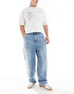 Pull&Bear Baggy Front Pocket Detail Jeans In Washed Blue For Men