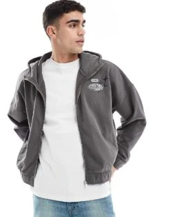 Pull&Bear Zip Through STWD Hoodie In Charcoal For Men Grey