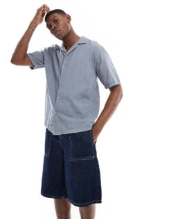 Pull&Bear Short Sleeve Linen Rich Shirt In Blue For Men