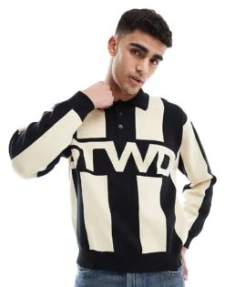 Pull&Bear Knitted Stripe STWD Polo In Black For Men
