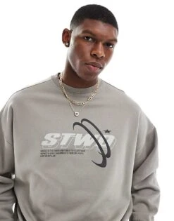 Pull&Bear STWD Sweatshirt In Light Grey For Men