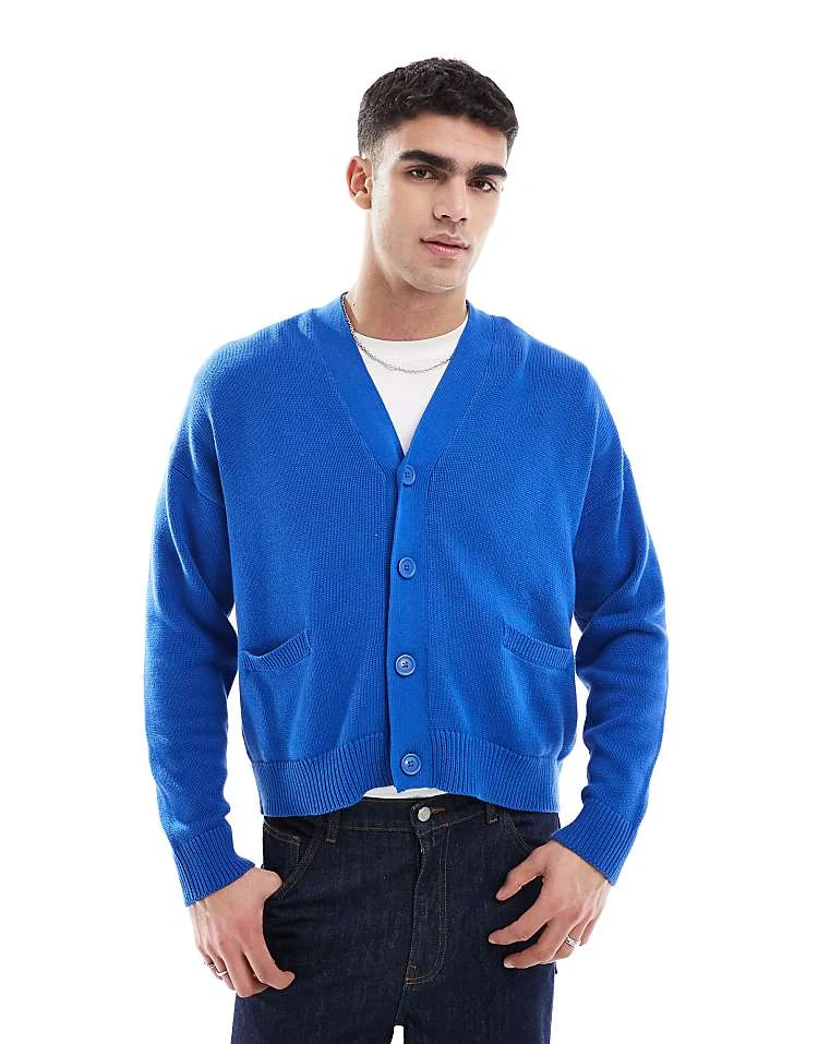 Pull&Bear Knitted Back Graphic Cardigan In Blue For Men 4 Pull&Bear Knitted Back Graphic Cardigan In Blue For Men - Image 2