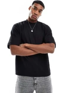 Pull&Bear Heavy Weight Plush T-shirt In Black For Men