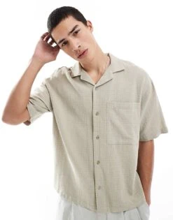 Pull&Bear Rustic Self Check Shirt In Green For Men