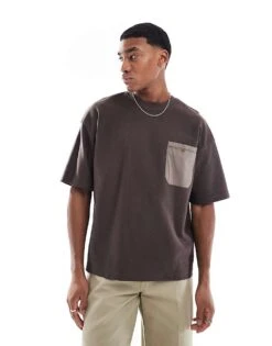Pull&Bear Boxy Contrast Pocket T-shirt In Brown For Men