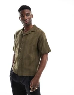 Pull&Bear Textured Stripe Shirt In Khaki For Men Green -Pull&Bear Sales 208086407 1 green 1