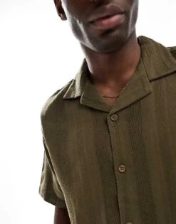 Pull&Bear Textured Stripe Shirt In Khaki For Men Green -Pull&Bear Sales 208086407 3