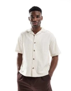 Pull&Bear Textured Stripe Shirt In Ecru For Men Neutral