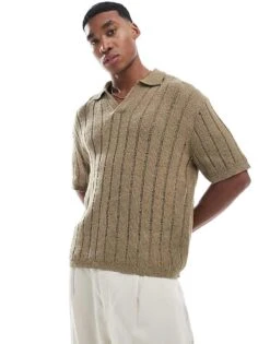 Pull&Bear Knitted Polo In Camel For Men