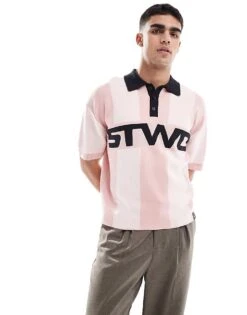 Pull&Bear STWD Knitted Retro Polo In Pink For Men
