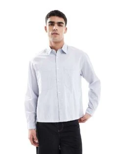 Pull&Bear Long Sleeved Textured Checked Shirt In Grey For Men