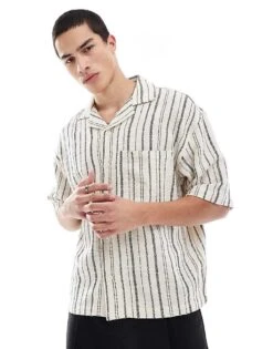 Pull&Bear Rustic Striped Shirt In Ecru For Men