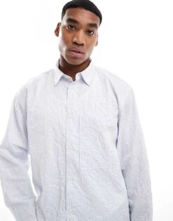 Pull&Bear Long Sleeved Textured Striped Shirt In Grey For Men
