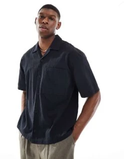 Pull&Bear Crinkle Textured Revere Collar Shirt In Black For Men