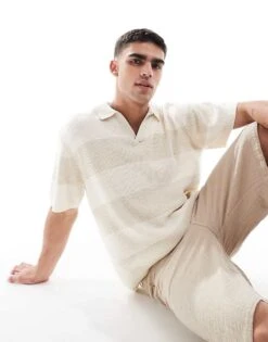Pull&Bear Knitted Stripe Polo In Ecru For Men -Pull&Bear Sales 208086571 1 ecru 1