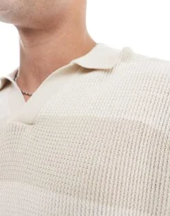 Pull&Bear Knitted Stripe Polo In Ecru For Men -Pull&Bear Sales 208086571 4