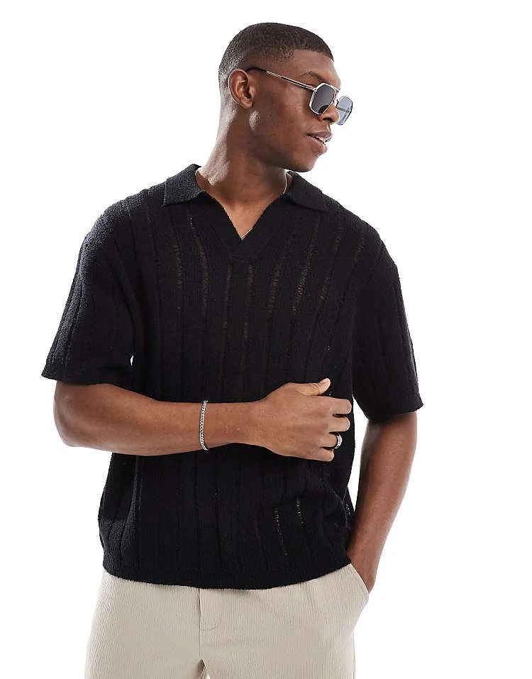 Pull&Bear Knitted Polo In Black For Men 3 Pull&Bear Knitted Polo In Black For Men
