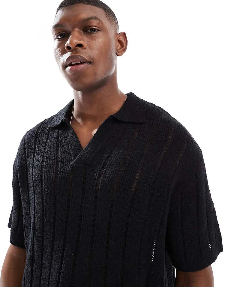 Pull&Bear Knitted Polo In Black For Men 4 Pull&Bear Knitted Polo In Black For Men - Image 2