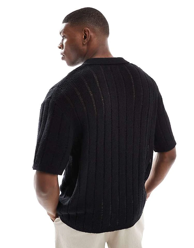 Pull&Bear Knitted Polo In Black For Men 5 Pull&Bear Knitted Polo In Black For Men - Image 3