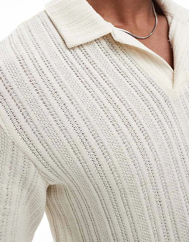 Pull&Bear Knitted Texture Stripe Polo In Ecru For Men Neutral 6 Pull&Bear Knitted Texture Stripe Polo In Ecru For Men Neutral - Image 4