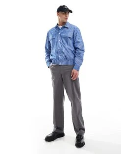 Pull&Bear Striped Worker Shacket In Blue For Men