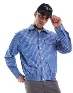 Pull&Bear Striped Worker Shacket In Blue For Men -Pull&Bear Sales 208210009 3