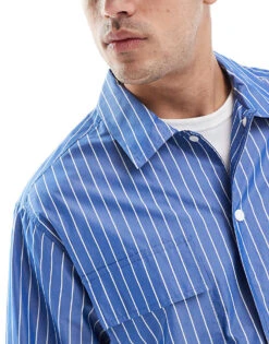 Pull&Bear Striped Worker Shacket In Blue For Men -Pull&Bear Sales 208210009 4