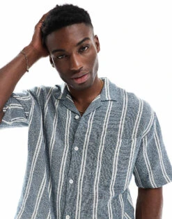 Pull&Bear Revere Collar Short Sleeve Shirt In Blue Stripe For Men